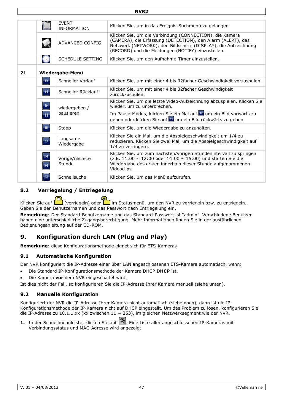 2 verriegelung / entriegelung, Konfiguration durch lan (plug and play), 1 automatische konfiguration | 2 manuelle konfiguration | Velleman NVR2 User Manual | Page 47 / 55