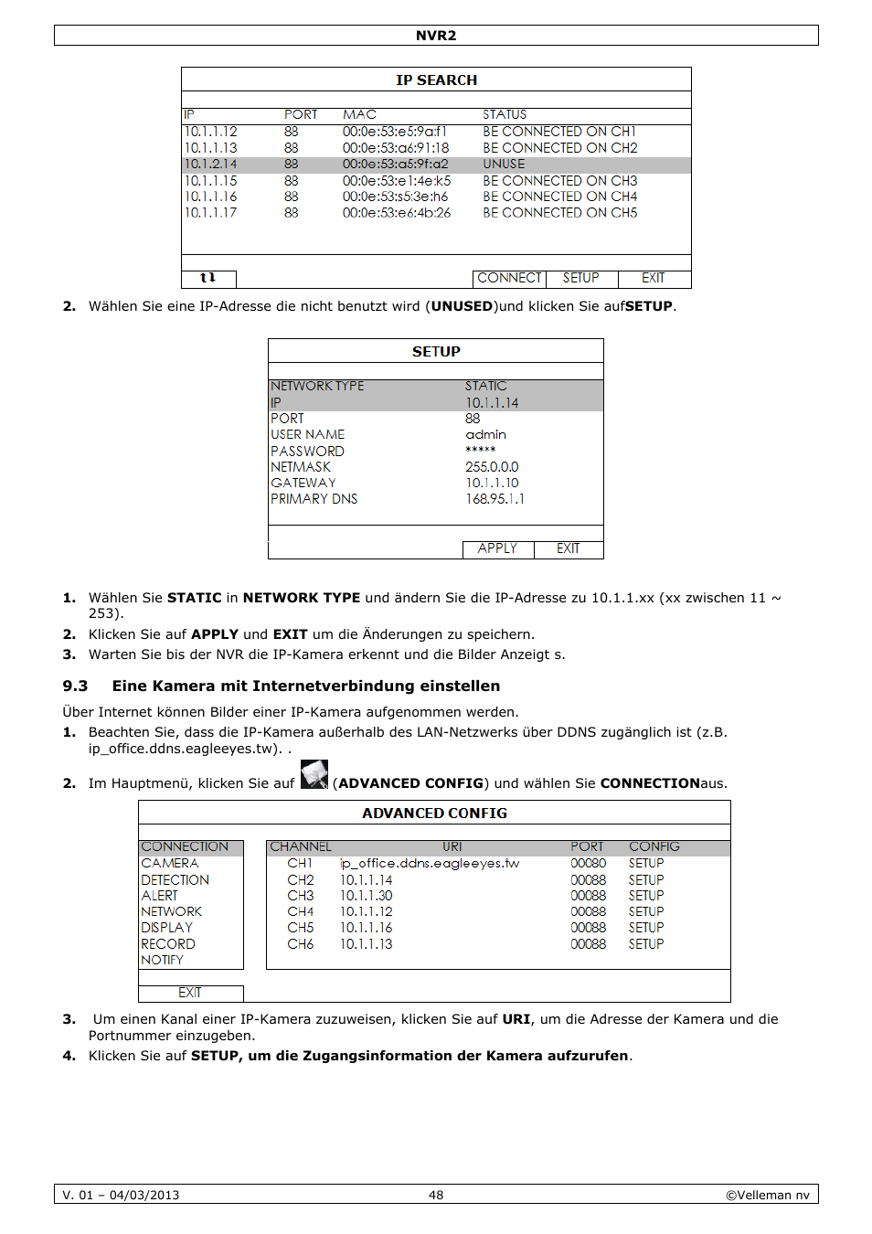 3 eine kamera mit internetverbindung einstellen | Velleman NVR2 User Manual | Page 48 / 55