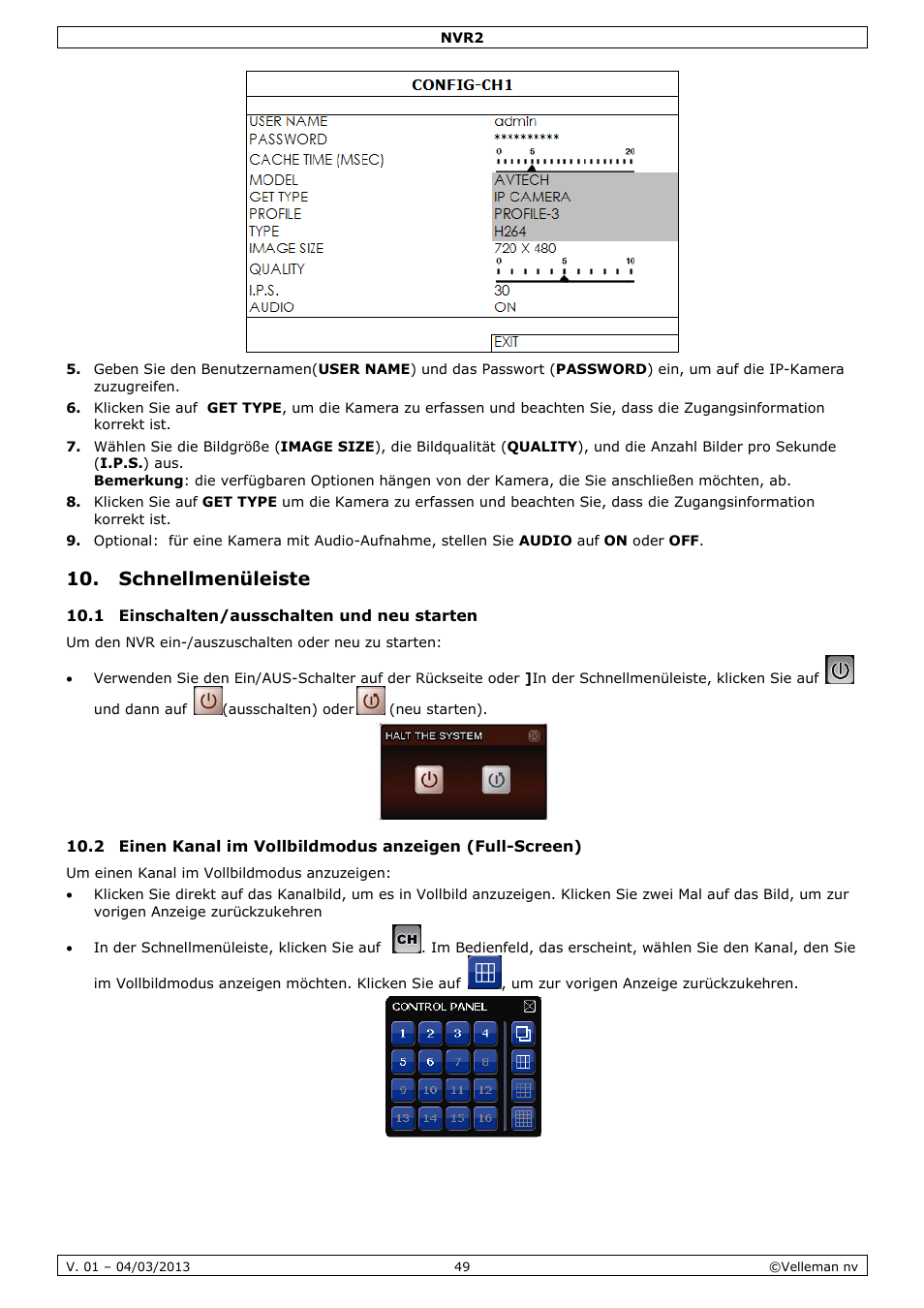 Schnellmenüleiste, 1 einschalten/ausschalten und neu starten | Velleman NVR2 User Manual | Page 49 / 55