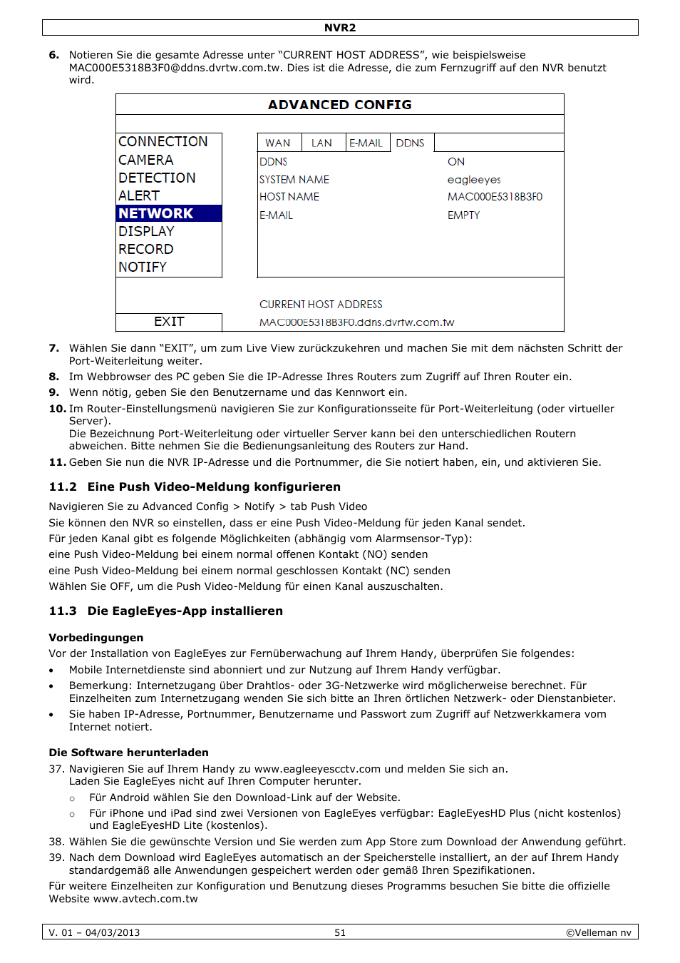 2 eine push video-meldung konfigurieren, 3 die eagleeyes-app installieren, Vorbedingungen | Die software herunterladen | Velleman NVR2 User Manual | Page 51 / 55