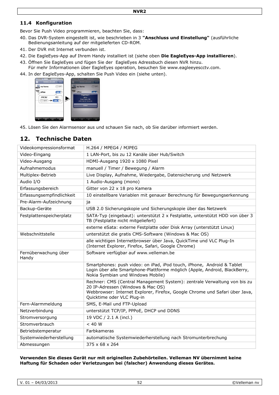 4 konfiguration, Technische daten | Velleman NVR2 User Manual | Page 52 / 55