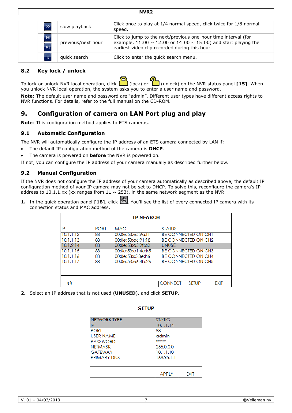 2 key lock / unlock, Configuration of camera on lan port plug and play, 1 automatic configuration | 2 manual configuration | Velleman NVR2 User Manual | Page 7 / 55