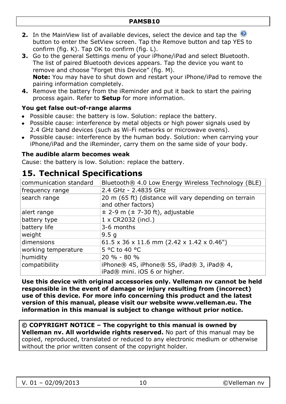 You get false out-of-range alarms, The audible alarm becomes weak, Technical specifications | Velleman PAMSB10 User Manual | Page 10 / 59
