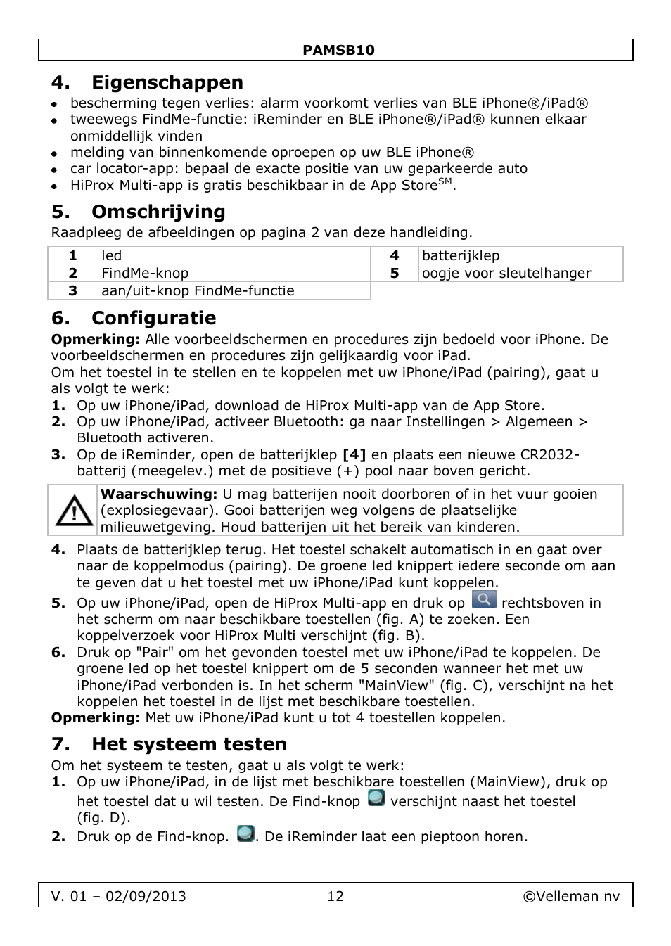 Eigenschappen, Omschrijving, Configuratie | Het systeem testen | Velleman PAMSB10 User Manual | Page 12 / 59