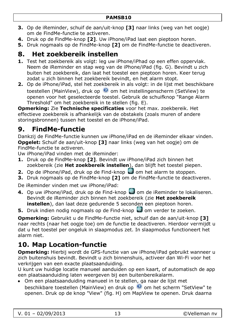 Het zoekbereik instellen, Findme-functie, Map location-functie | Velleman PAMSB10 User Manual | Page 13 / 59