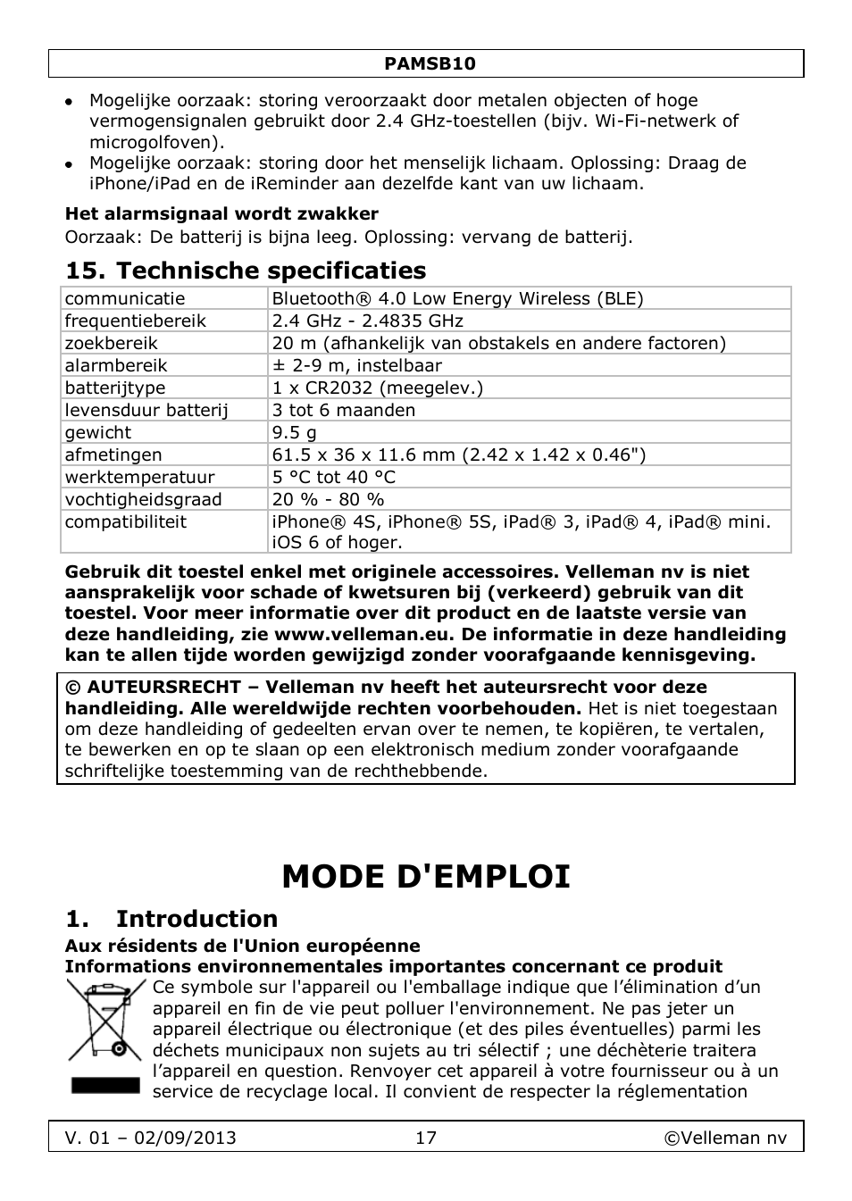 Het alarmsignaal wordt zwakker, Technische specificaties, Mode d'emploi | Introduction | Velleman PAMSB10 User Manual | Page 17 / 59