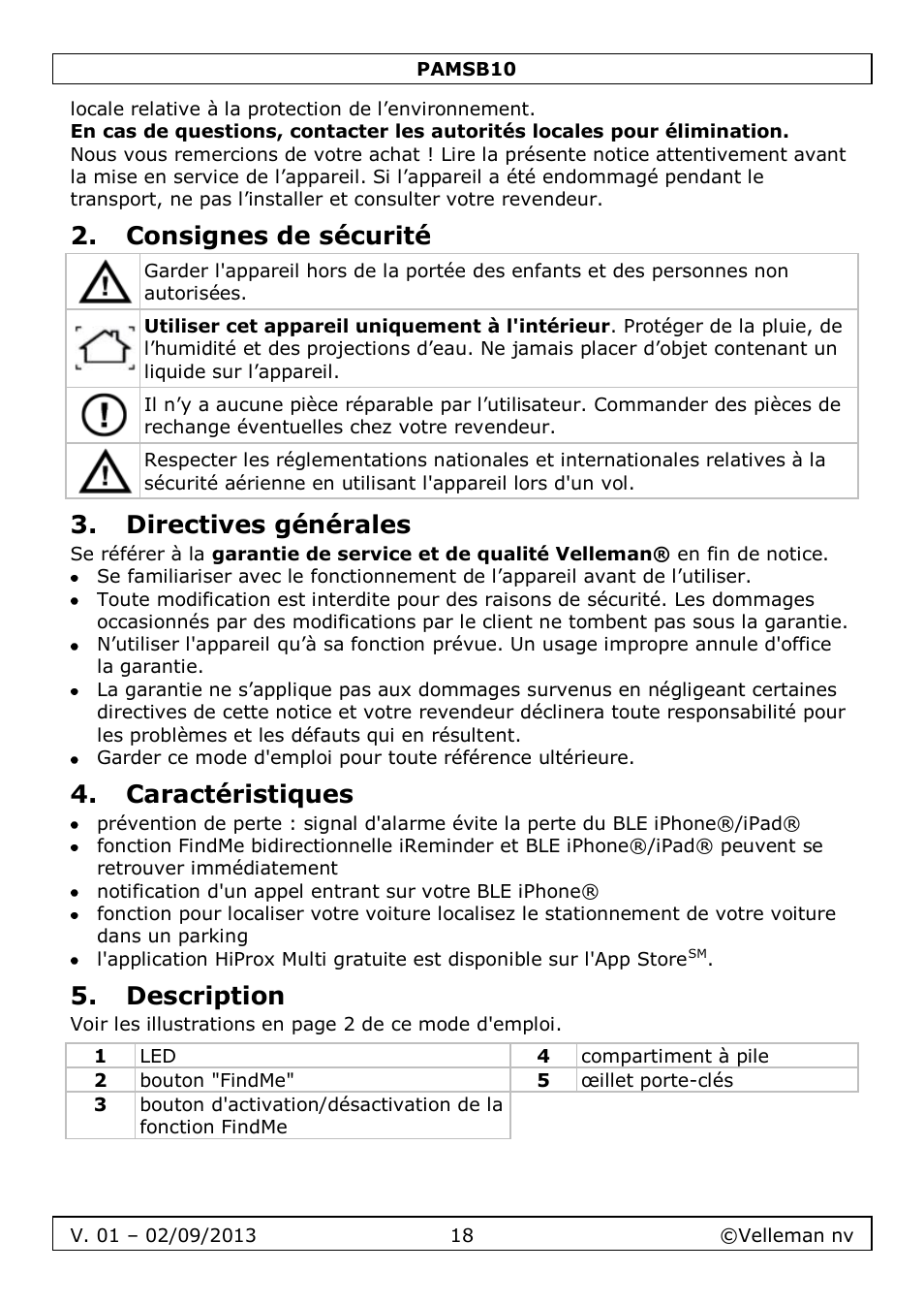 Consignes de sécurité, Directives générales, Caractéristiques | Description | Velleman PAMSB10 User Manual | Page 18 / 59