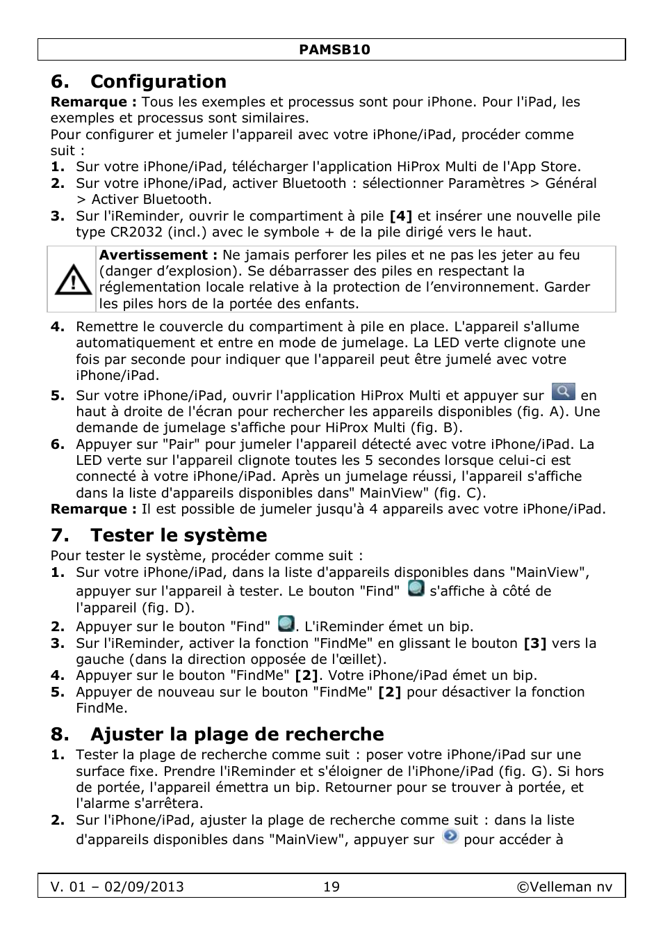 Configuration, Tester le système, Ajuster la plage de recherche | Velleman PAMSB10 User Manual | Page 19 / 59