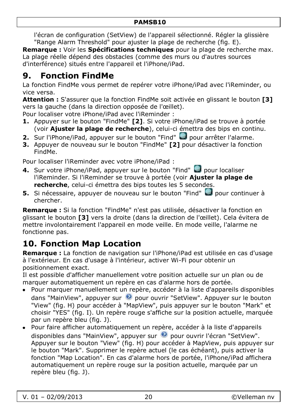 Fonction findme, Fonction map location | Velleman PAMSB10 User Manual | Page 20 / 59