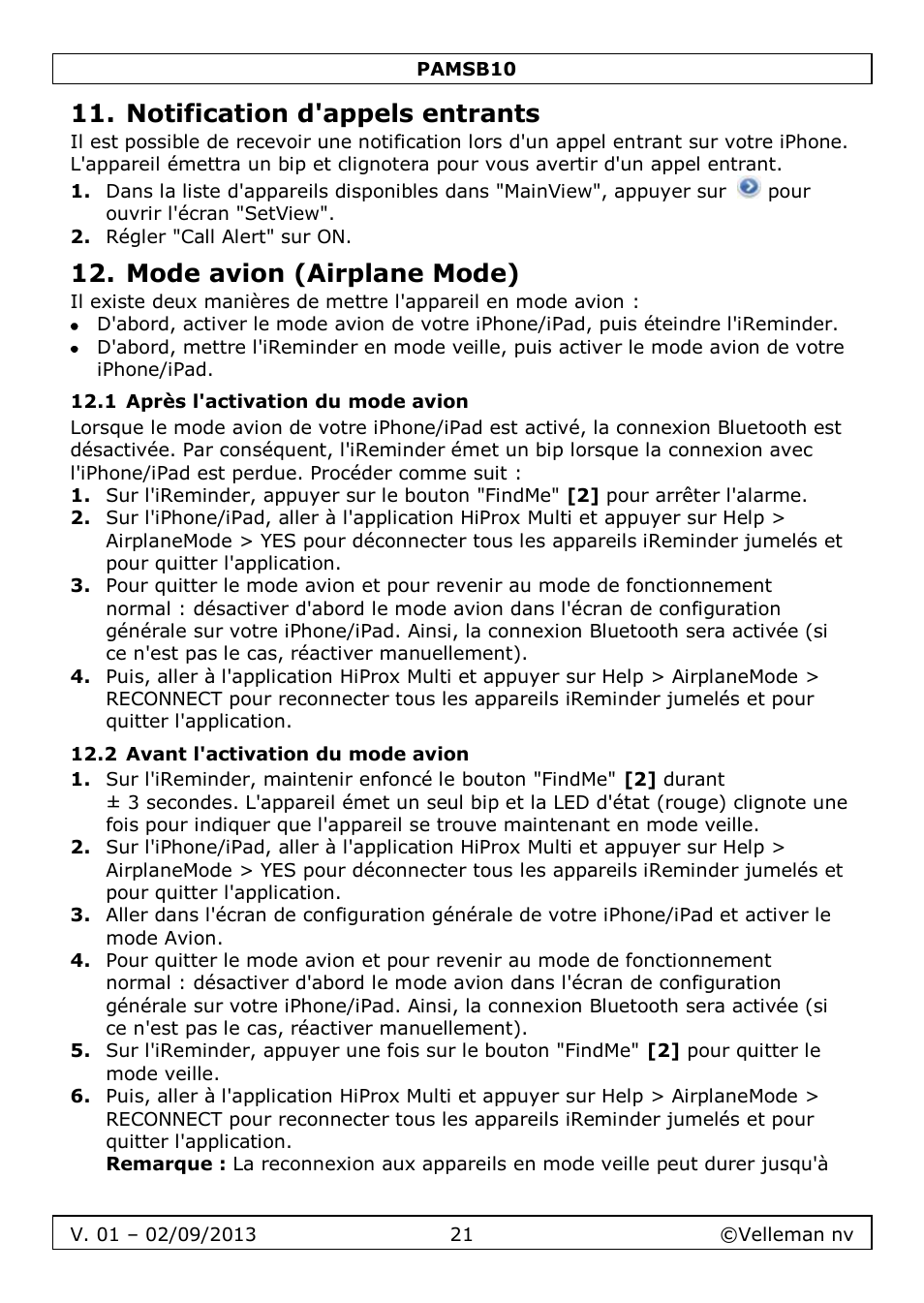 Notification d'appels entrants, Mode avion (airplane mode), 1 après l'activation du mode avion | 2 avant l'activation du mode avion | Velleman PAMSB10 User Manual | Page 21 / 59