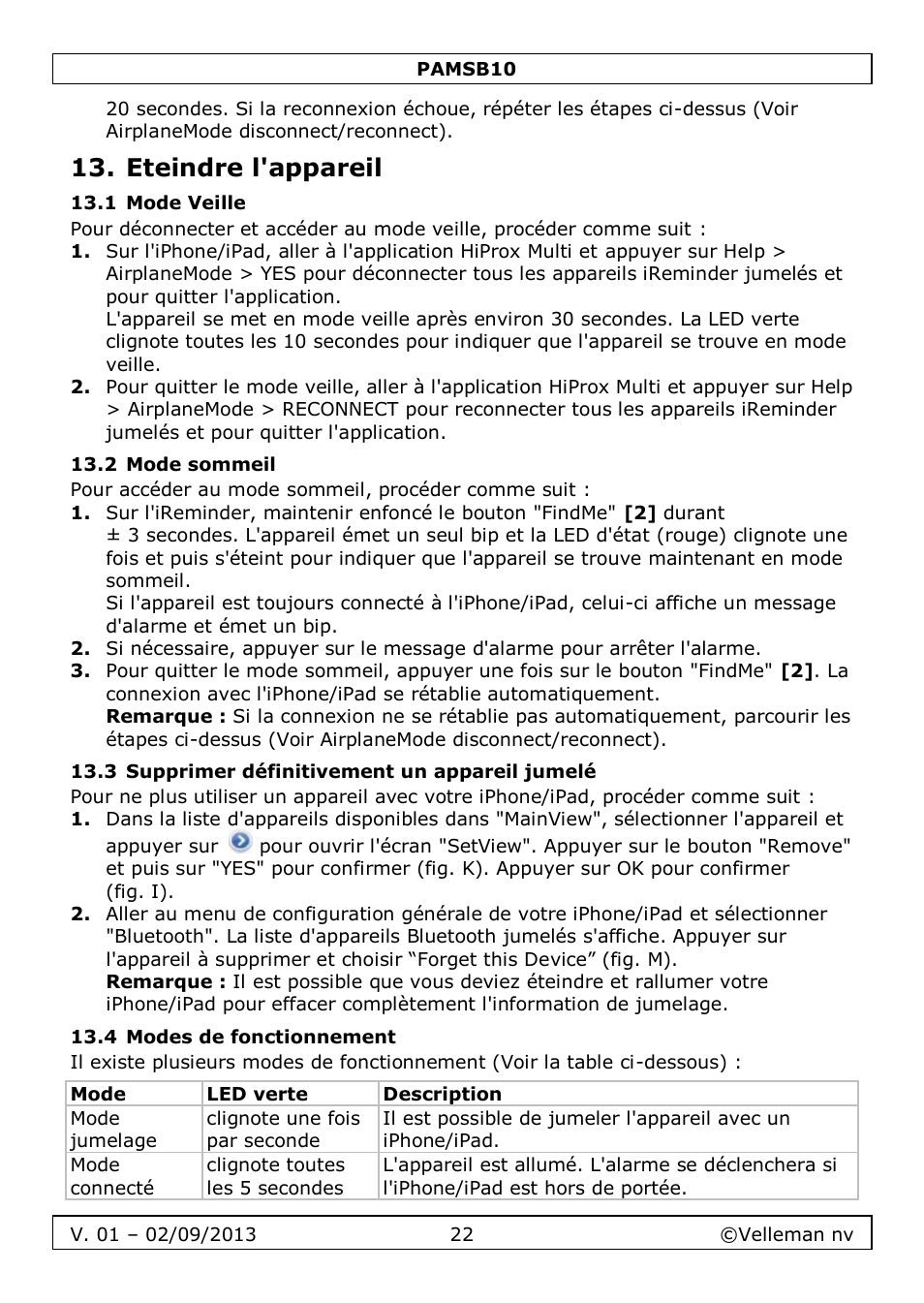 Eteindre l'appareil, 1 mode veille, 2 mode sommeil | 3 supprimer définitivement un appareil jumelé, 4 modes de fonctionnement | Velleman PAMSB10 User Manual | Page 22 / 59