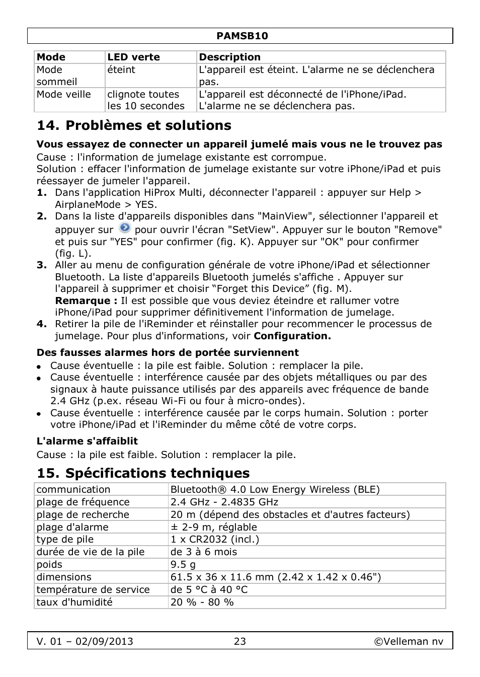 Problèmes et solutions, Des fausses alarmes hors de portée surviennent, L'alarme s'affaiblit | Spécifications techniques | Velleman PAMSB10 User Manual | Page 23 / 59