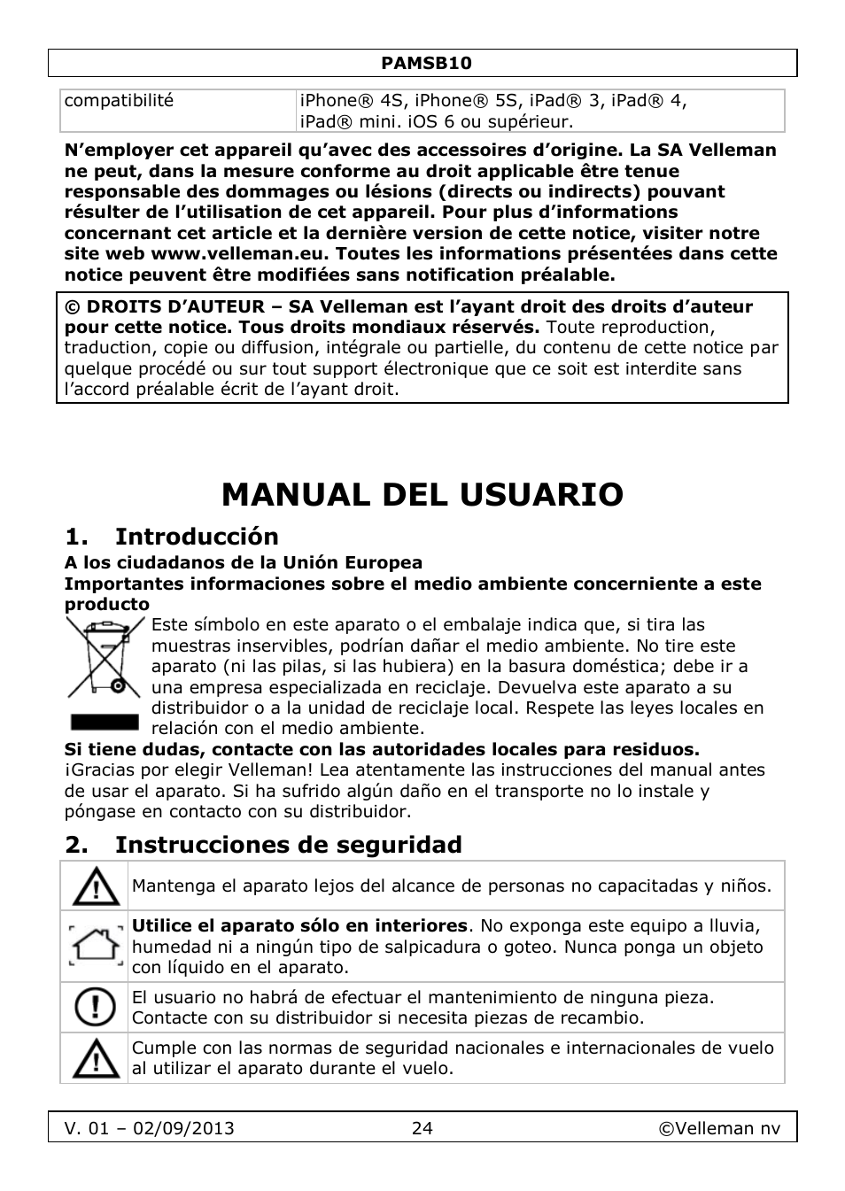 Manual del usuario, Introducción, Instrucciones de seguridad | Velleman PAMSB10 User Manual | Page 24 / 59