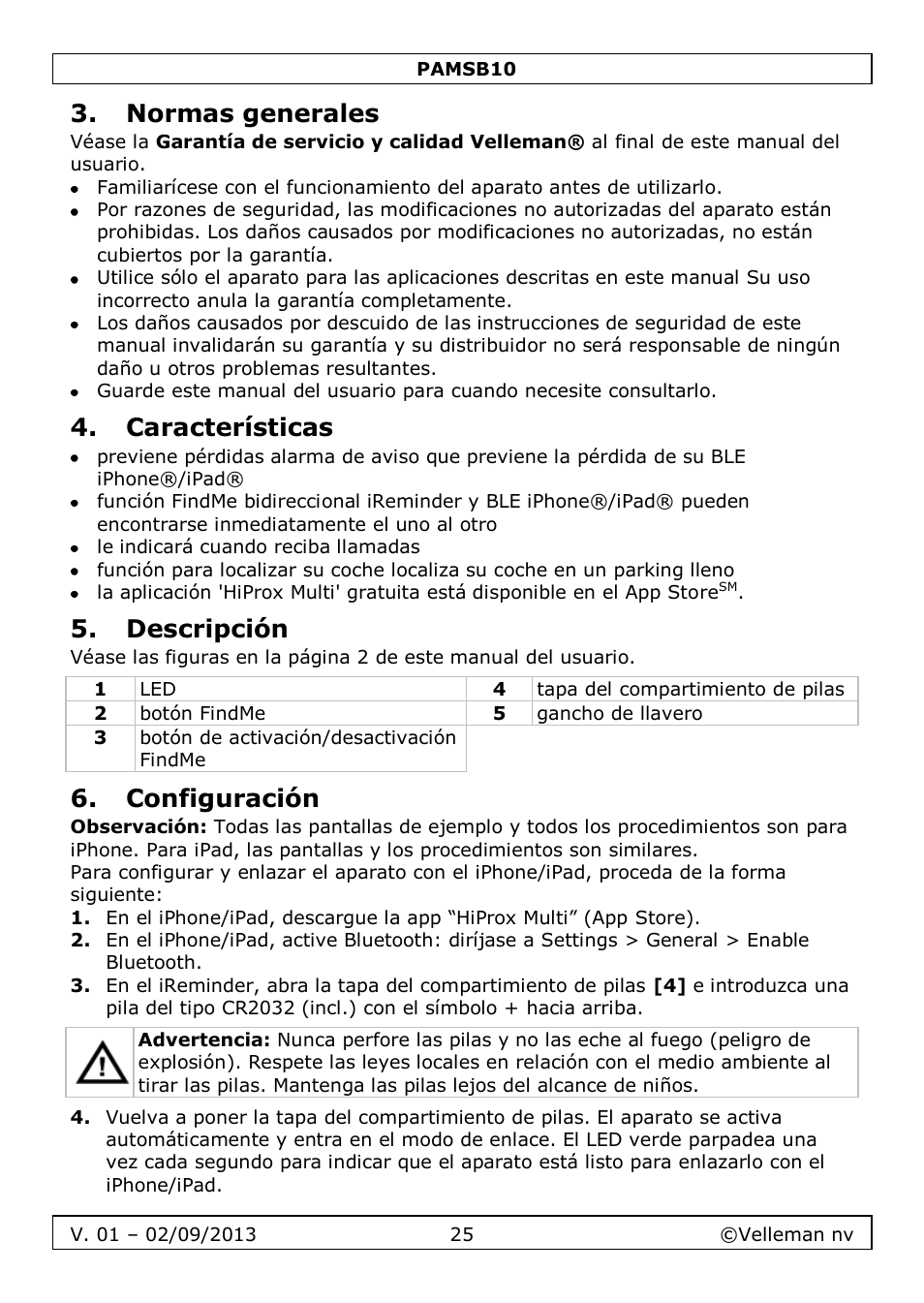 Normas generales, Características, Descripción | Configuración | Velleman PAMSB10 User Manual | Page 25 / 59