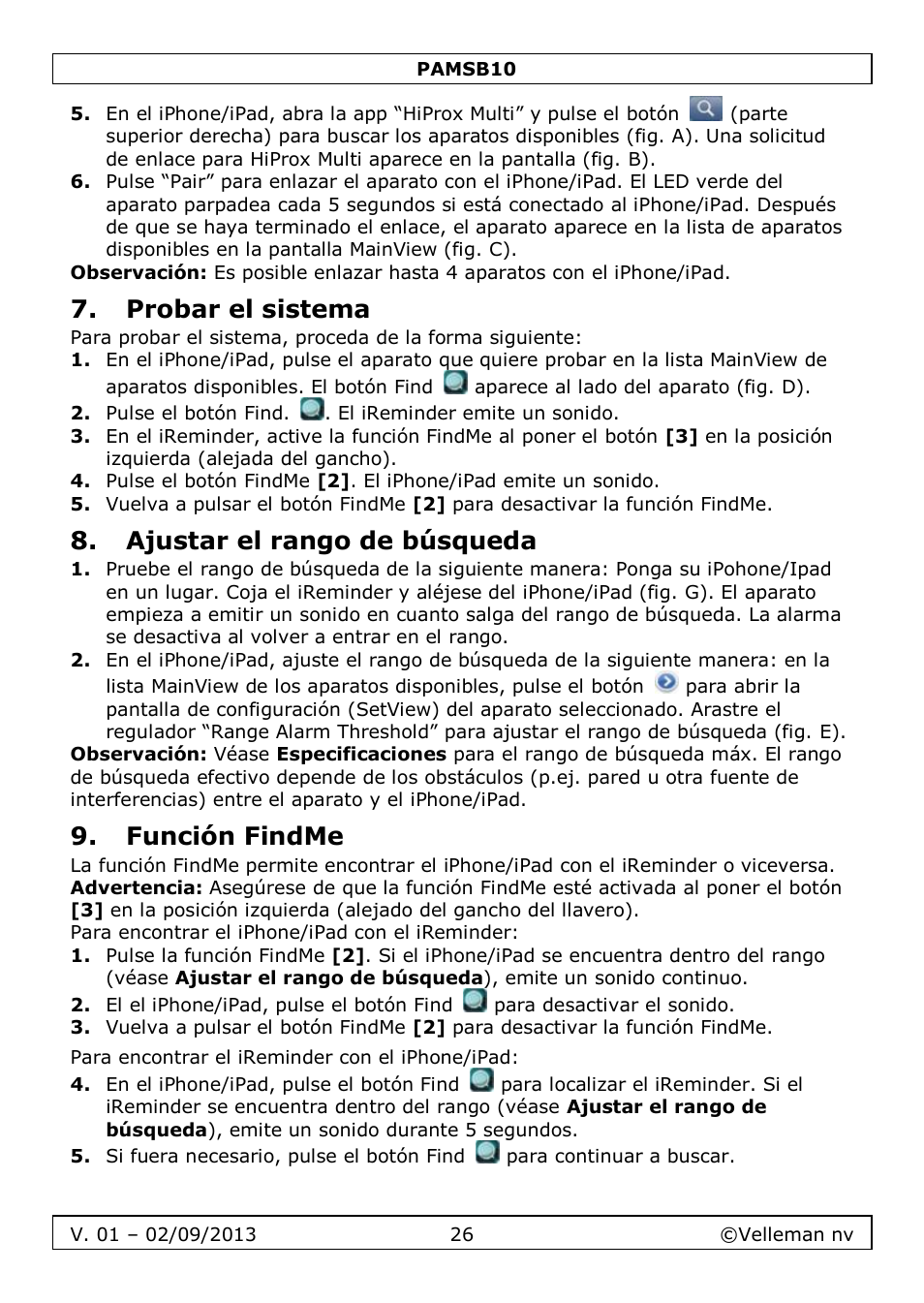 Probar el sistema, Ajustar el rango de búsqueda, Función findme | Velleman PAMSB10 User Manual | Page 26 / 59