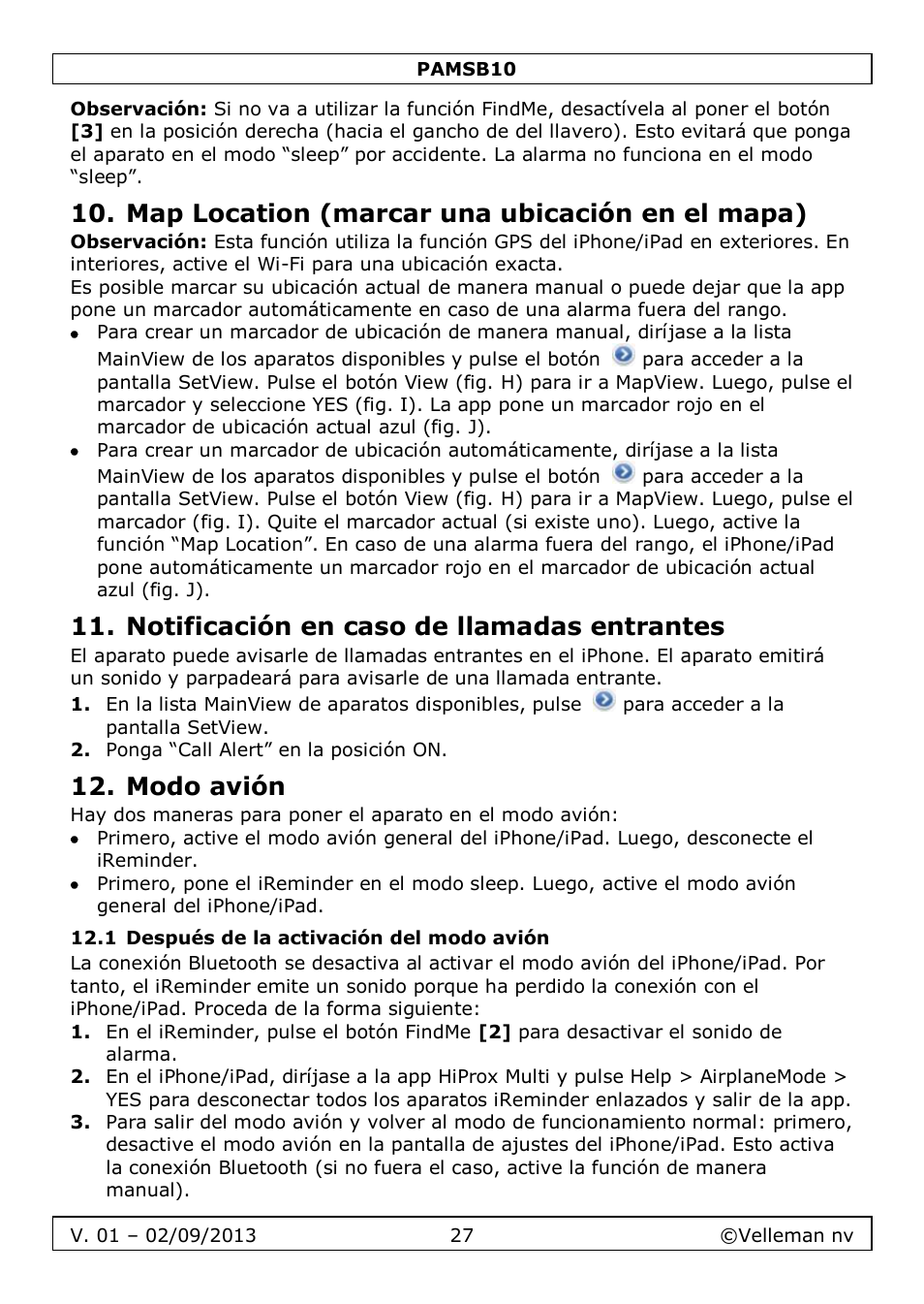 Map location (marcar una ubicación en el mapa), Notificación en caso de llamadas entrantes, Modo avión | 1 después de la activación del modo avión | Velleman PAMSB10 User Manual | Page 27 / 59