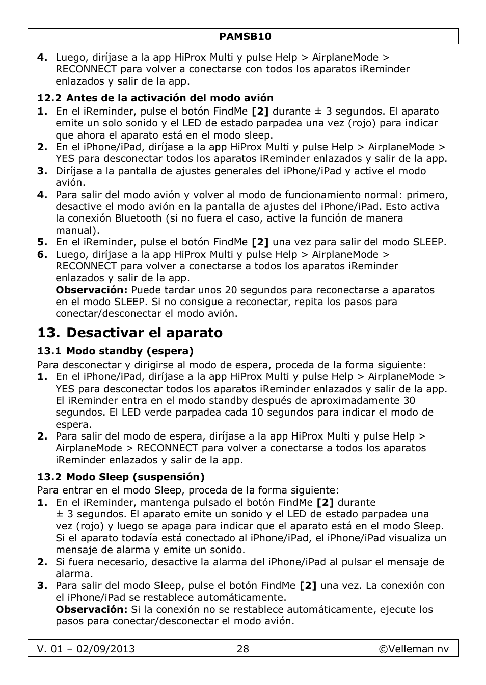 2 antes de la activación del modo avión, Desactivar el aparato, 1 modo standby (espera) | 2 modo sleep (suspensión) | Velleman PAMSB10 User Manual | Page 28 / 59