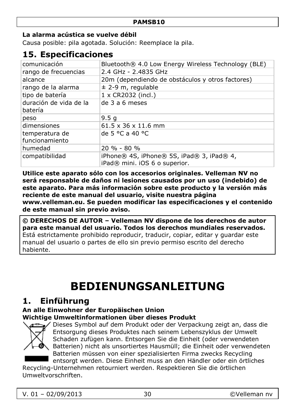 La alarma acústica se vuelve débil, Especificaciones, Bedienungsanleitung | Einführung | Velleman PAMSB10 User Manual | Page 30 / 59