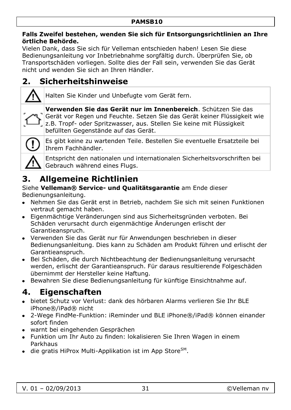 Sicherheitshinweise, Allgemeine richtlinien, Eigenschaften | Velleman PAMSB10 User Manual | Page 31 / 59