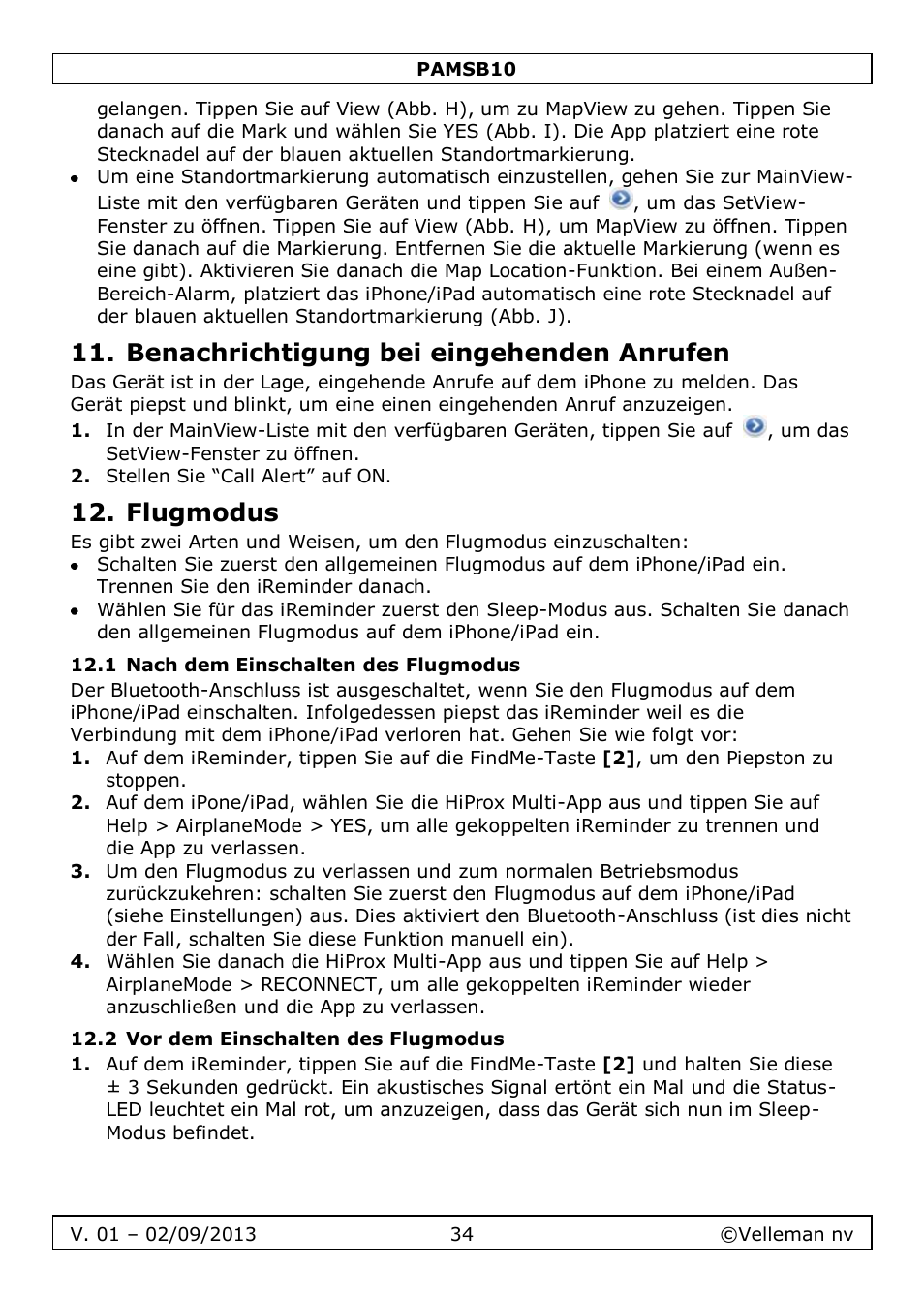Benachrichtigung bei eingehenden anrufen, Flugmodus, 1 nach dem einschalten des flugmodus | 2 vor dem einschalten des flugmodus | Velleman PAMSB10 User Manual | Page 34 / 59