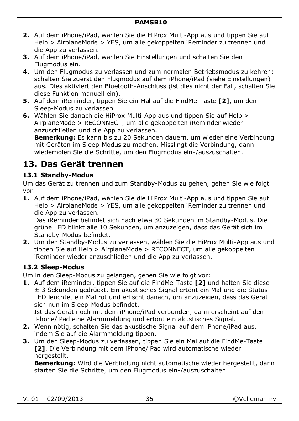 Das gerät trennen, 1 standby-modus, 2 sleep-modus | Velleman PAMSB10 User Manual | Page 35 / 59