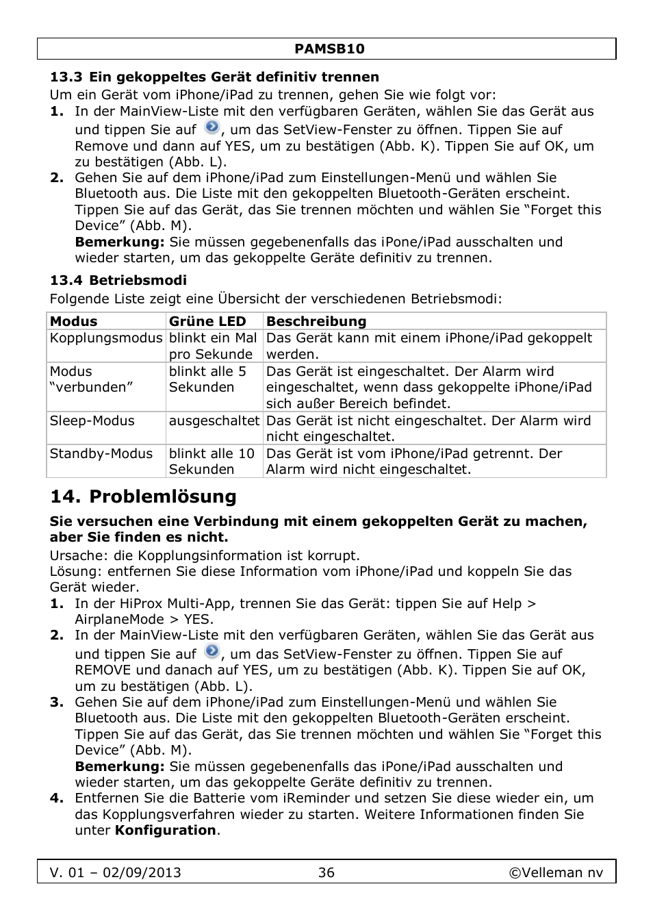 3 ein gekoppeltes gerät definitiv trennen, 4 betriebsmodi, Problemlösung | Velleman PAMSB10 User Manual | Page 36 / 59