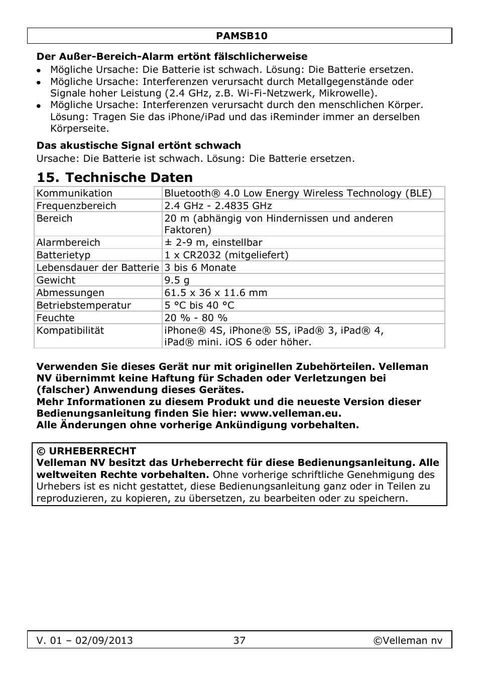 Der außer-bereich-alarm ertönt fälschlicherweise, Das akustische signal ertönt schwach, Technische daten | Velleman PAMSB10 User Manual | Page 37 / 59