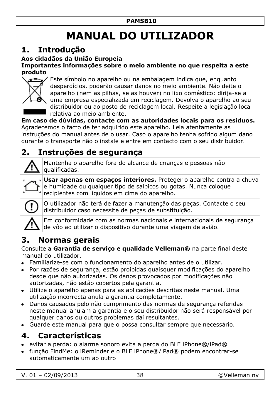 Manual do utilizador, Introdução, Instruções de segurança | Normas gerais, Características | Velleman PAMSB10 User Manual | Page 38 / 59