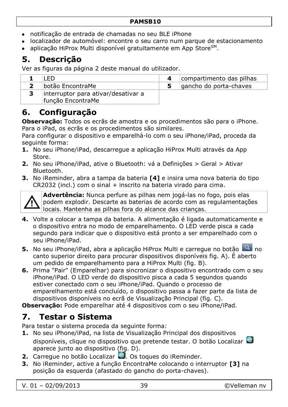 Descrição, Configuração, Testar o sistema | Velleman PAMSB10 User Manual | Page 39 / 59