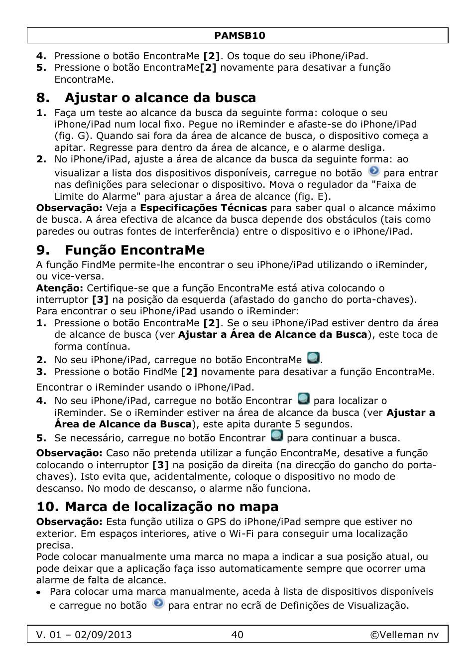 Ajustar o alcance da busca, Função encontrame, Marca de localização no mapa | Velleman PAMSB10 User Manual | Page 40 / 59