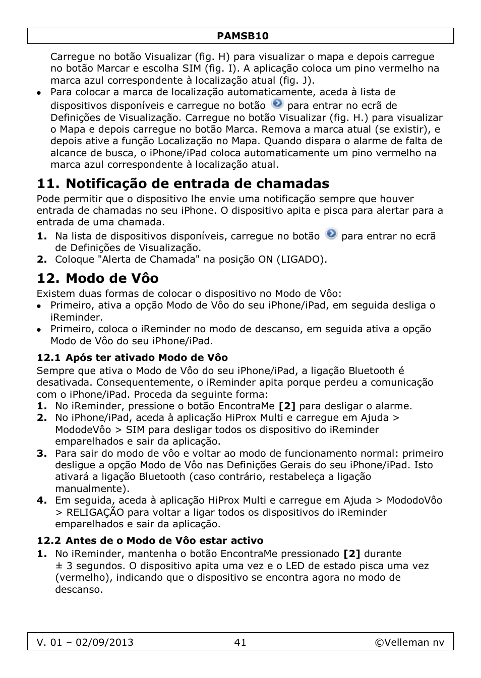 Notificação de entrada de chamadas, Modo de vôo, 1 após ter ativado modo de vôo | 2 antes de o modo de vôo estar activo | Velleman PAMSB10 User Manual | Page 41 / 59