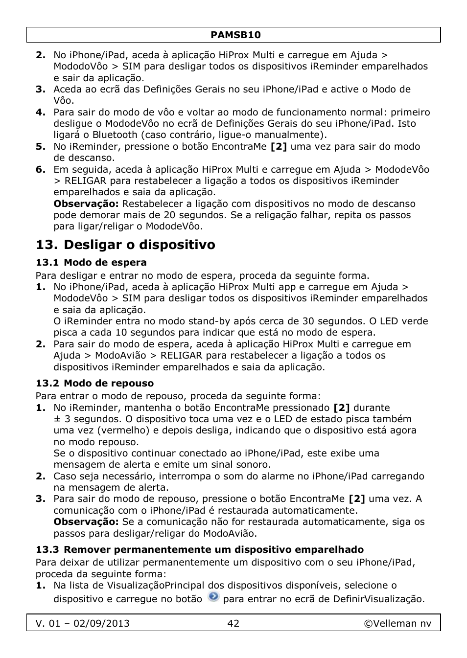 Desligar o dispositivo, 1 modo de espera, 2 modo de repouso | Velleman PAMSB10 User Manual | Page 42 / 59