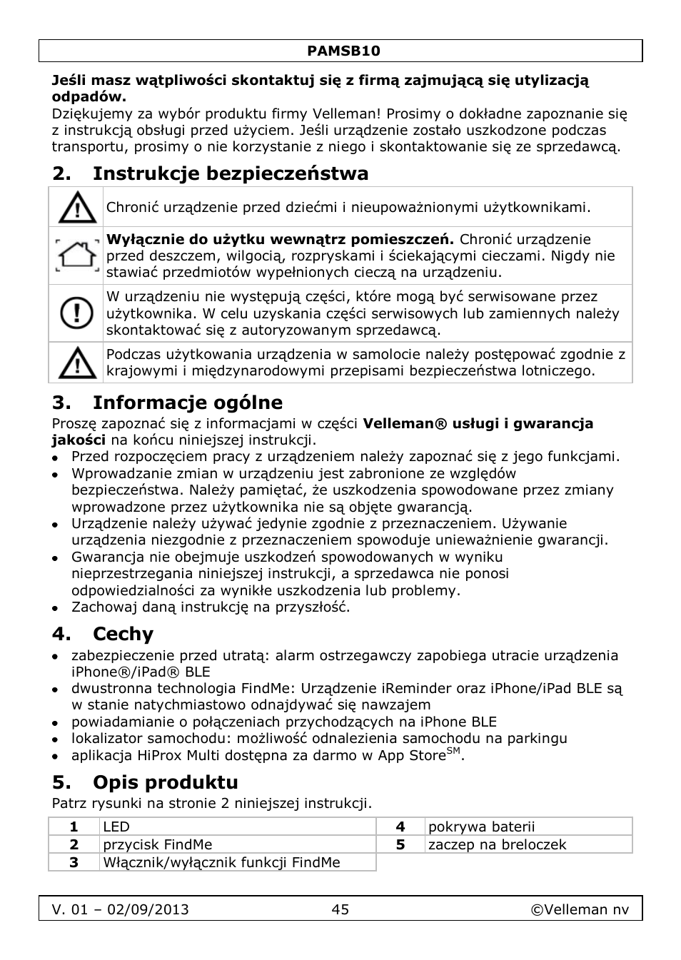 Instrukcje bezpieczeństwa, Informacje ogólne, Cechy | Opis produktu | Velleman PAMSB10 User Manual | Page 45 / 59
