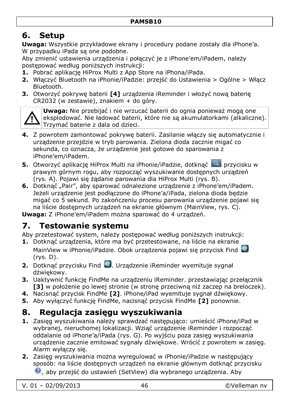 Setup, Testowanie systemu, Regulacja zasięgu wyszukiwania | Velleman PAMSB10 User Manual | Page 46 / 59