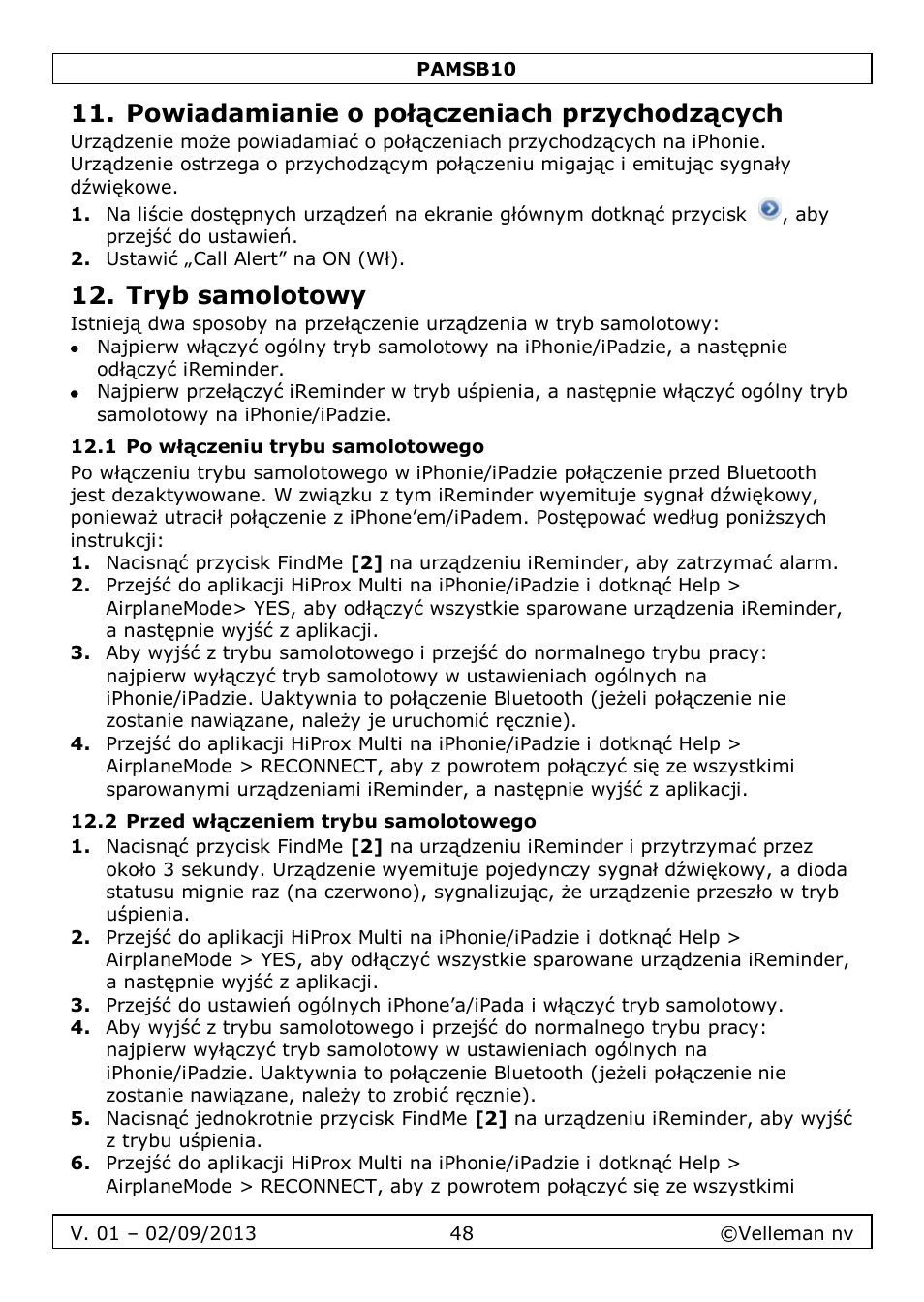 Powiadamianie o połączeniach przychodzących, Tryb samolotowy, 1 po włączeniu trybu samolotowego | 2 przed włączeniem trybu samolotowego | Velleman PAMSB10 User Manual | Page 48 / 59