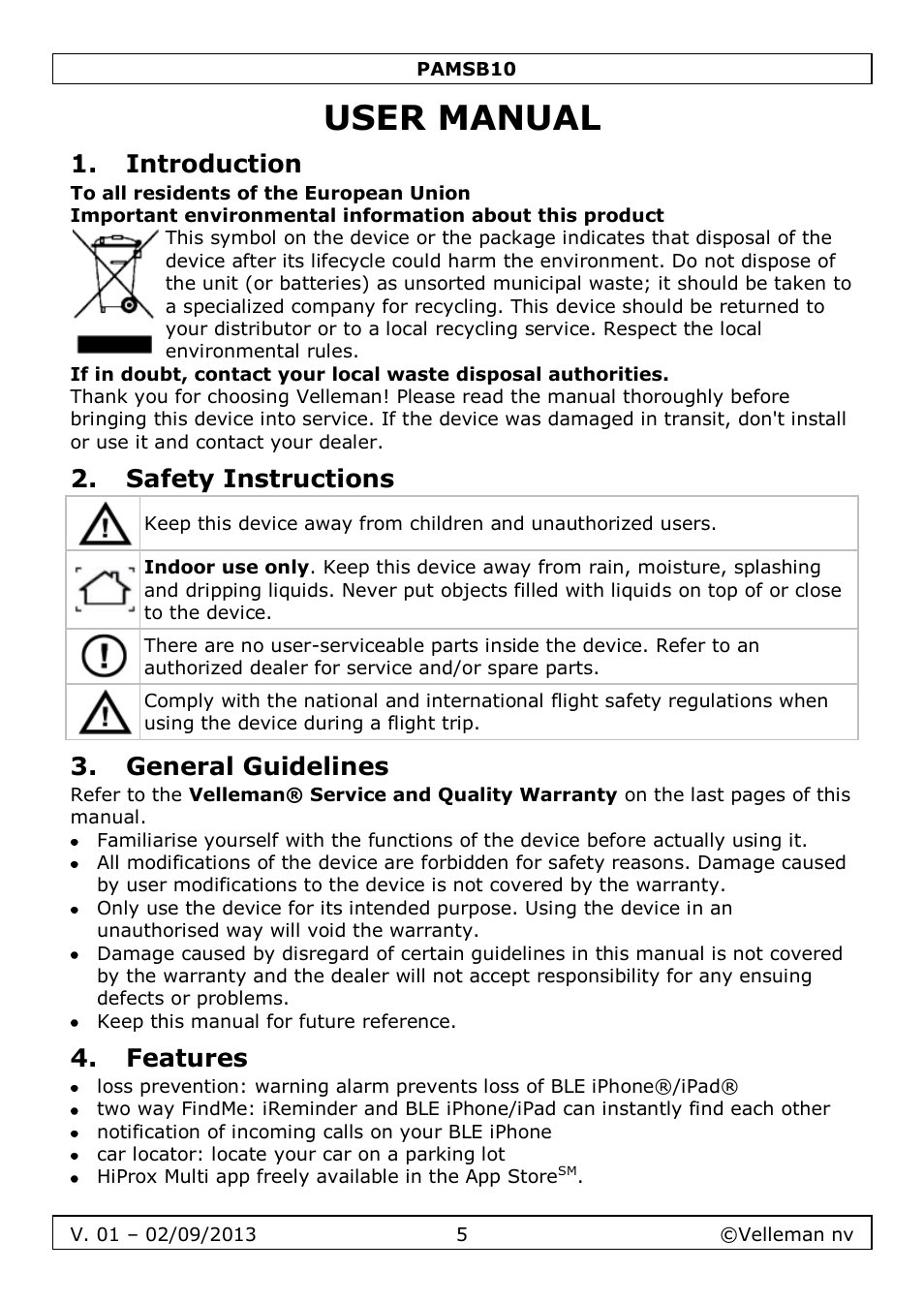 User manual, Introduction, Safety instructions | General guidelines, Features | Velleman PAMSB10 User Manual | Page 5 / 59