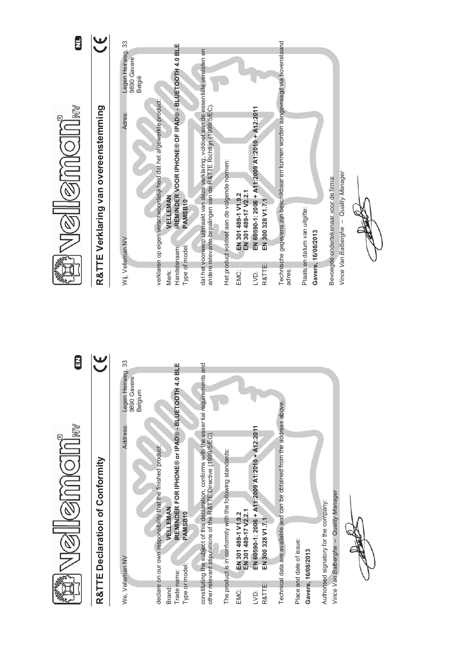 R&tte declarati on of c o nfo rm ity, R&tte ve rk la ri ng v an overeenstemm in g | Velleman PAMSB10 User Manual | Page 52 / 59