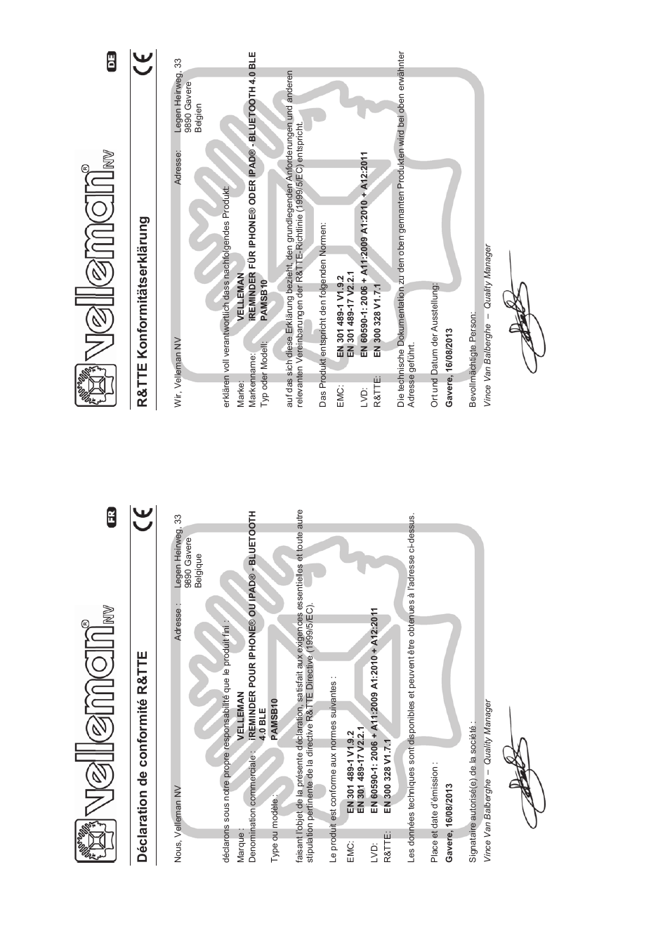 Décla ratio n de con formité r&tte | Velleman PAMSB10 User Manual | Page 53 / 59