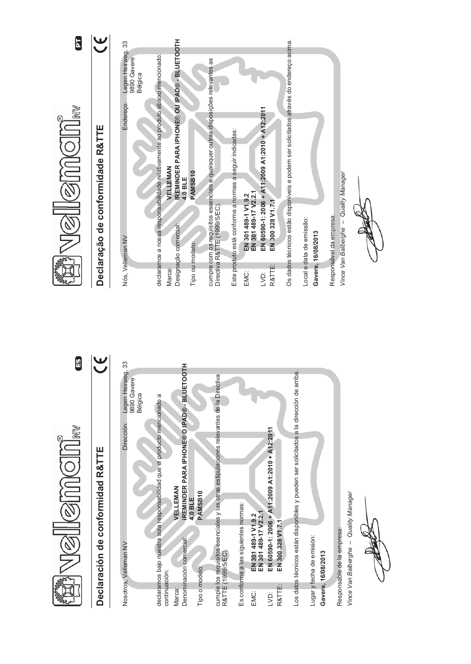 Decla ração de c o nf ormidade r&tte | Velleman PAMSB10 User Manual | Page 54 / 59