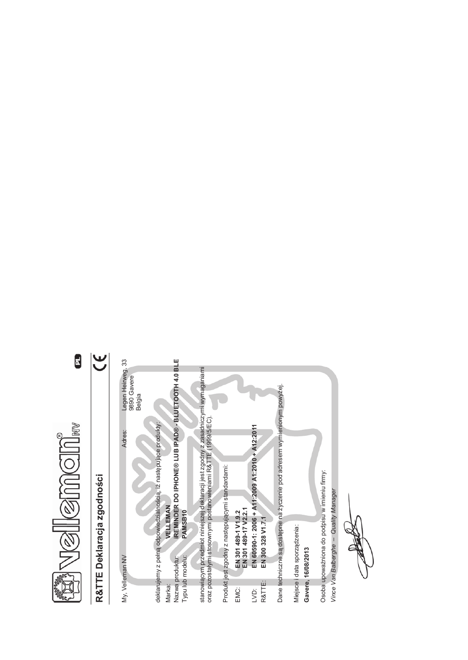 R&tte deklaracja zgodn o ğ ci | Velleman PAMSB10 User Manual | Page 55 / 59