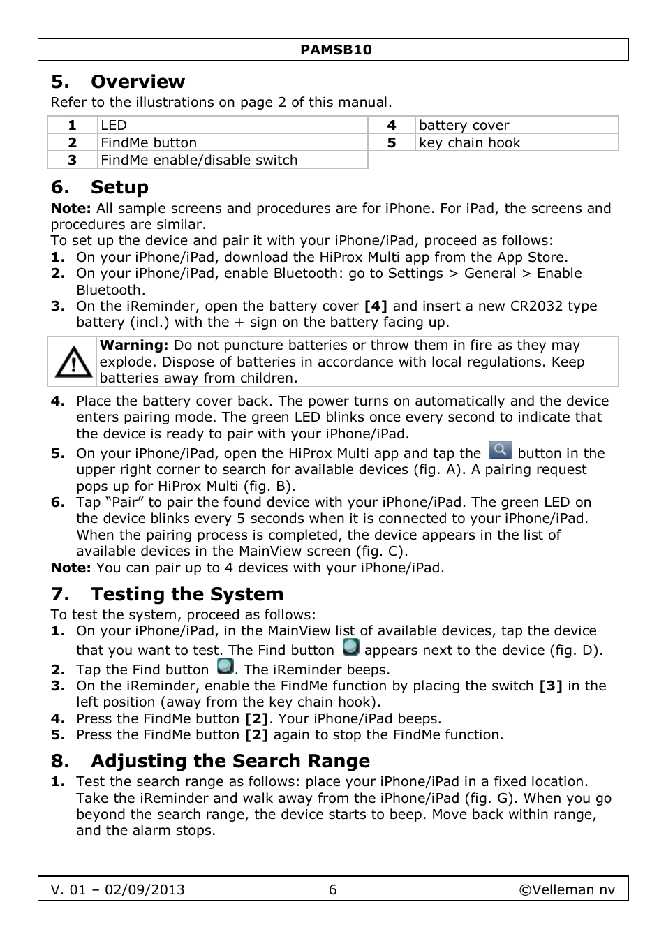 Overview, Setup, Testing the system | Adjusting the search range | Velleman PAMSB10 User Manual | Page 6 / 59