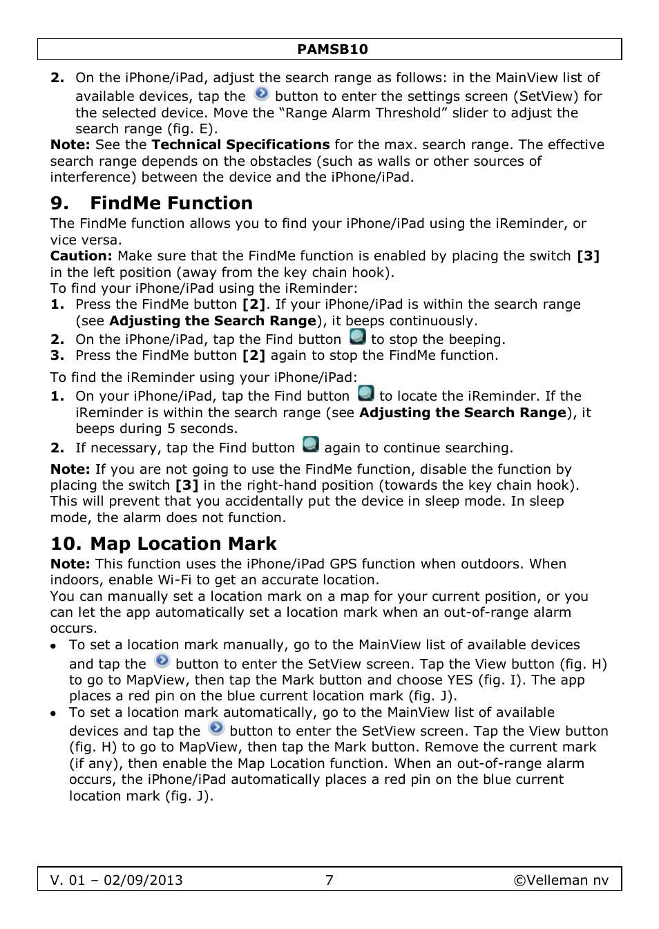 Findme function, Map location mark | Velleman PAMSB10 User Manual | Page 7 / 59