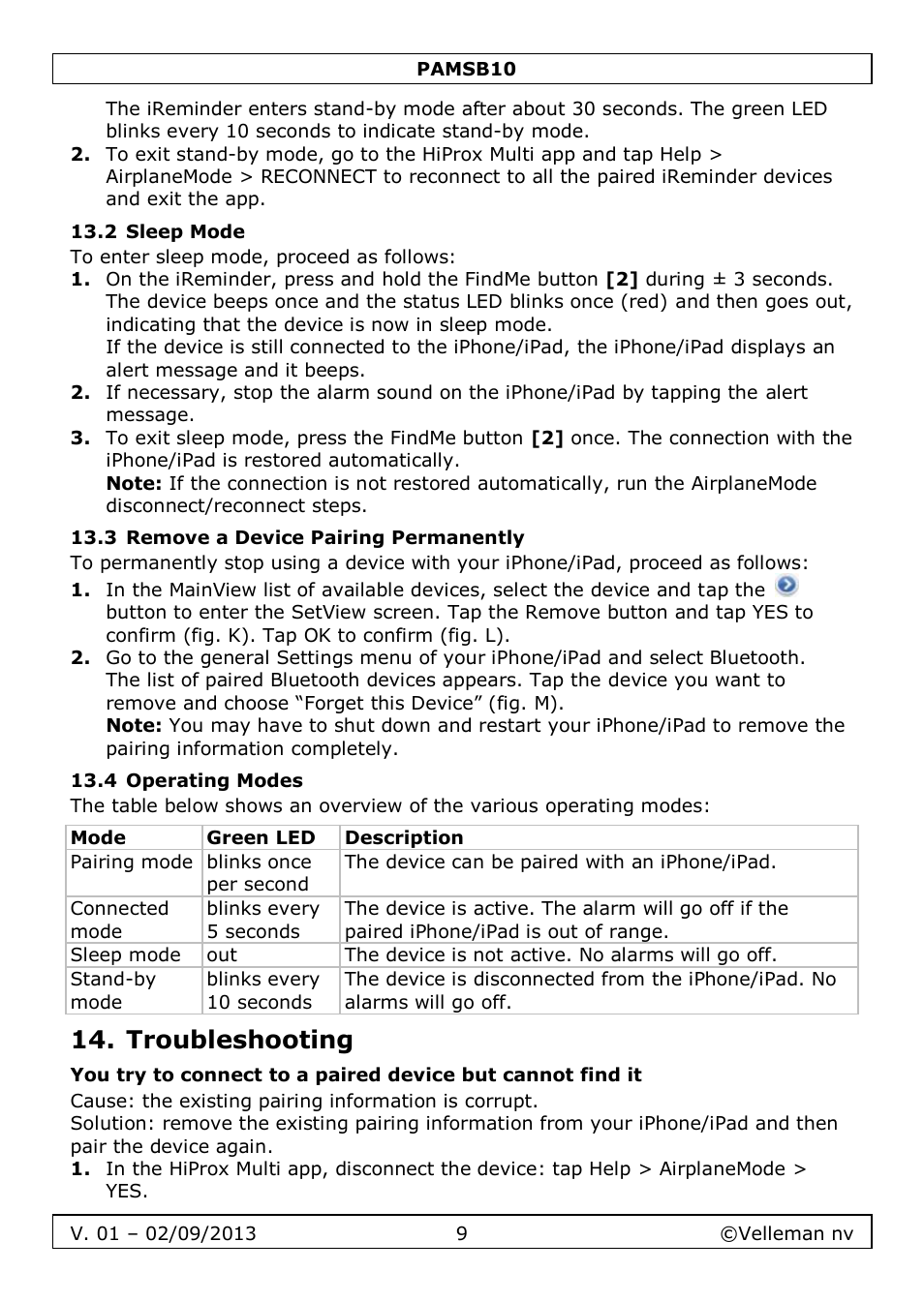 2 sleep mode, 3 remove a device pairing permanently, 4 operating modes | Troubleshooting | Velleman PAMSB10 User Manual | Page 9 / 59