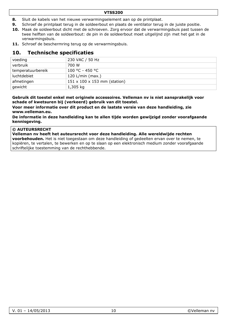 Technische specificaties | Velleman VTSS200 User Manual | Page 10 / 33