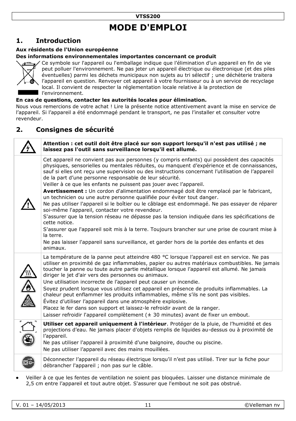 Mode d'emploi, Introduction, Consignes de sécurité | Velleman VTSS200 User Manual | Page 11 / 33