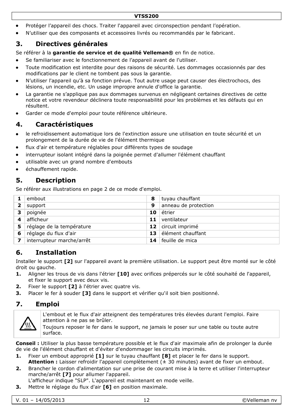 Directives générales, Caractéristiques, Description | Installation, Emploi | Velleman VTSS200 User Manual | Page 12 / 33