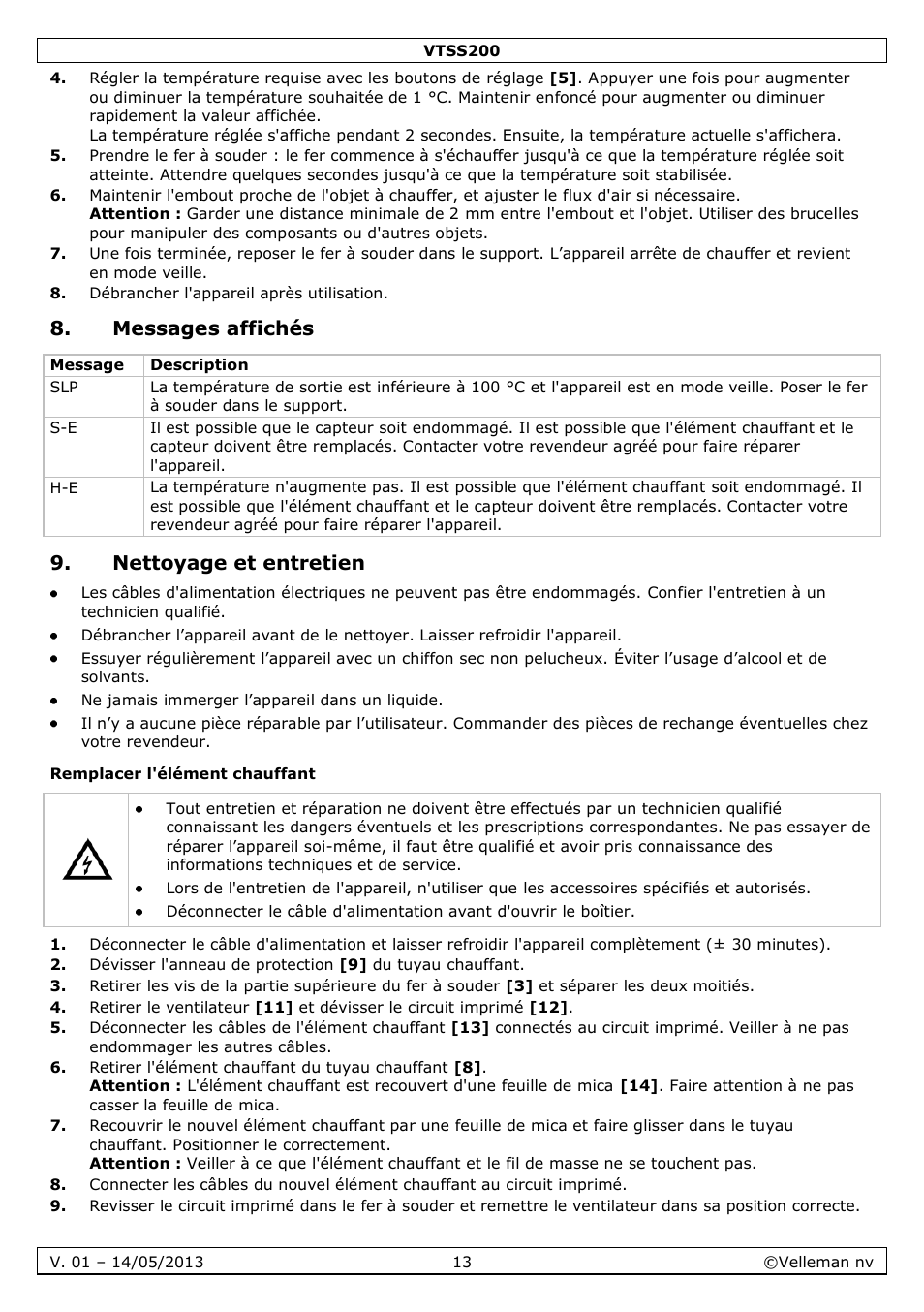 Messages affichés, Nettoyage et entretien, Remplacer l'élément chauffant | Velleman VTSS200 User Manual | Page 13 / 33