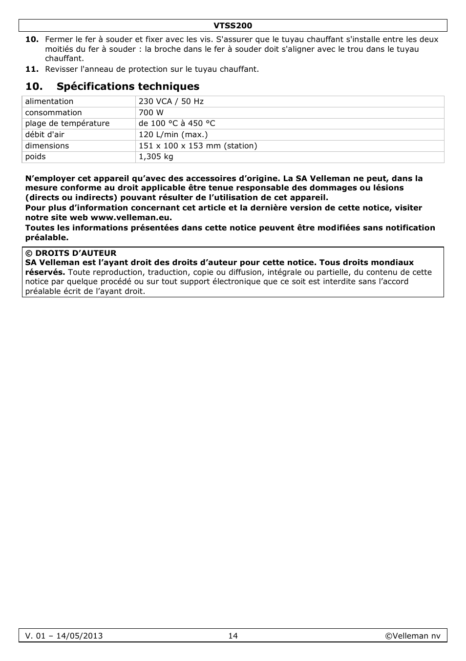 Spécifications techniques | Velleman VTSS200 User Manual | Page 14 / 33