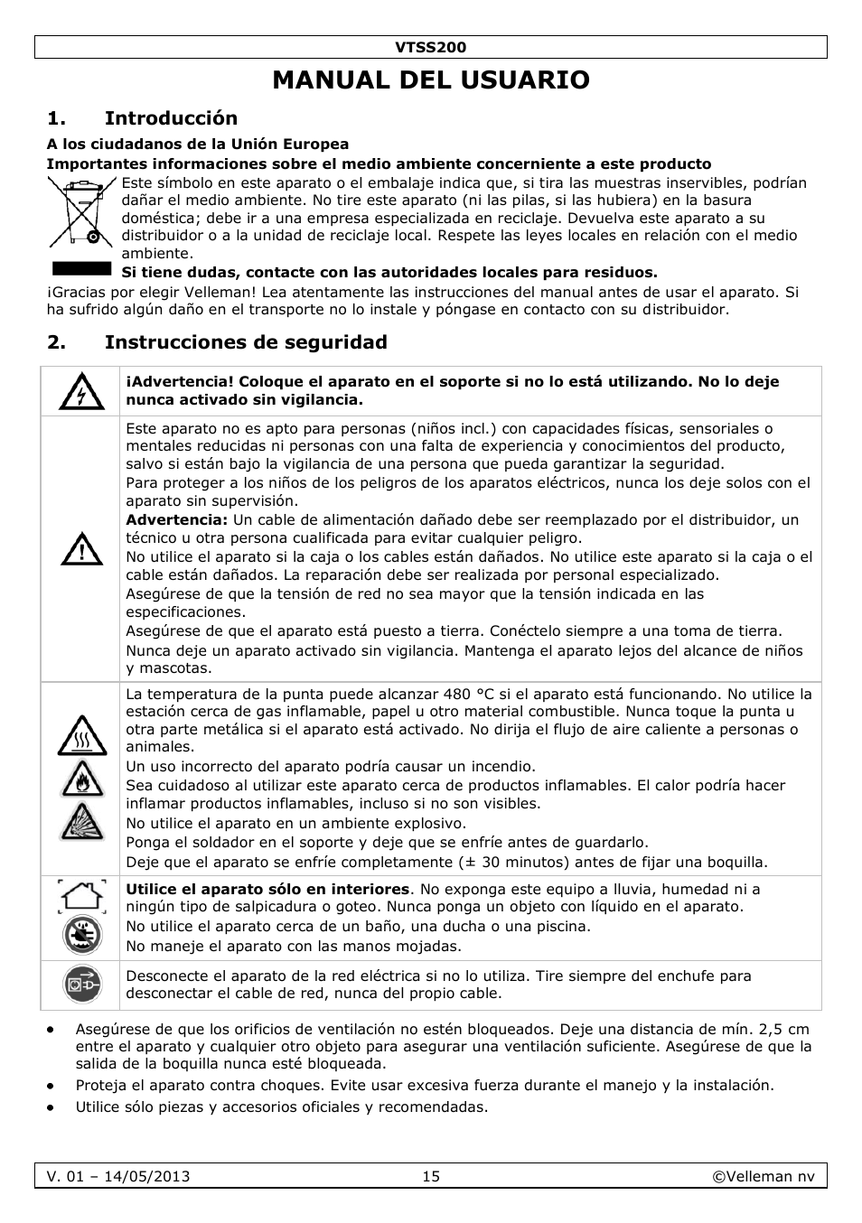 Manual del usuario, Introducción, Instrucciones de seguridad | Velleman VTSS200 User Manual | Page 15 / 33