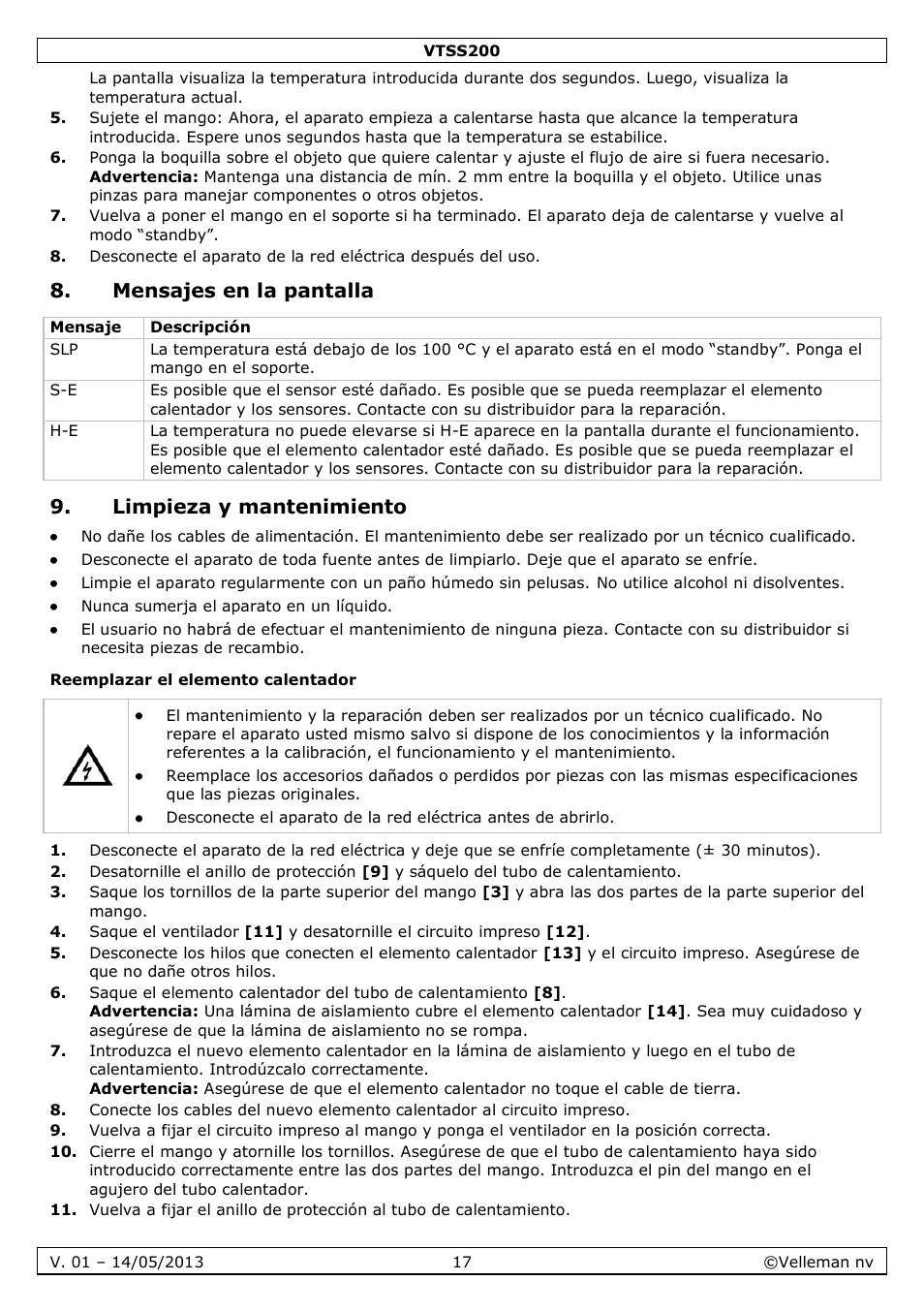 Mensajes en la pantalla, Limpieza y mantenimiento, Reemplazar el elemento calentador | Velleman VTSS200 User Manual | Page 17 / 33
